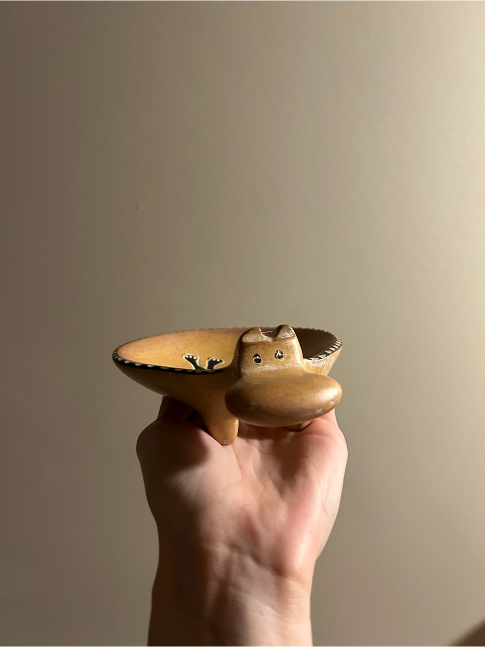 Brown Ceramic Ring Dish with Hippo Design